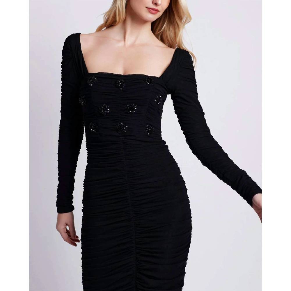 NEW PATBO hand beaded stretch tulle midi dress in black - Picture 2 of 3